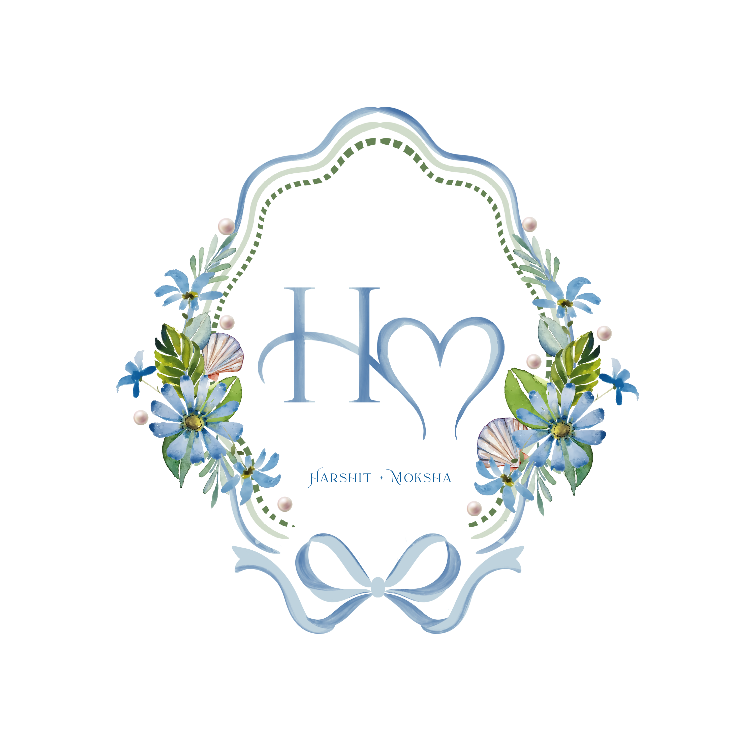 Harshit and Moksha wedding crest — H heart M monogram in watercolor blues with flowers, shells and pearls